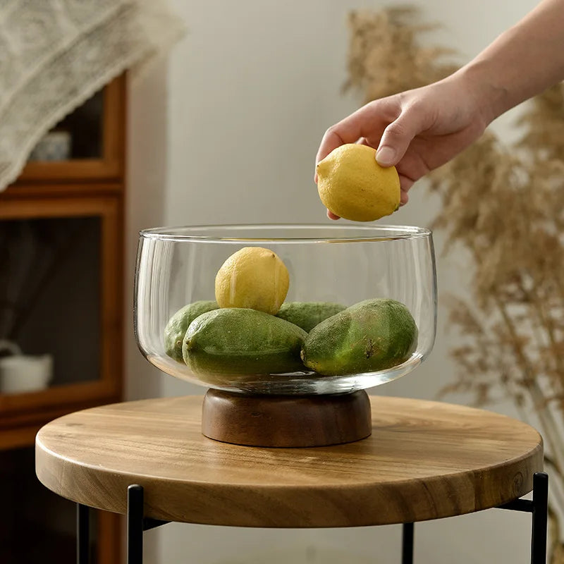 Tarn glass serving bowl with wood stand