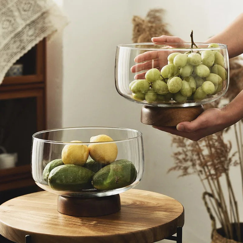 Tarn glass serving bowl with wood stand